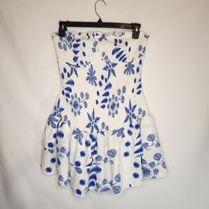 Faeriesty Strapless Blue and White Floral Dress XL Ruffled Mini With Tiers